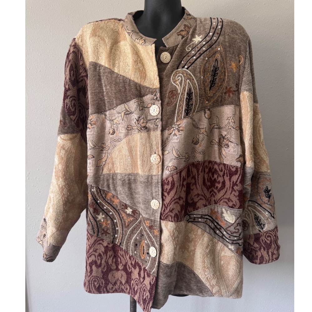 Maggie Barnes Vintage Patchwork Tapestry Jacket Brown Paisley Floral Sz 2X Boho